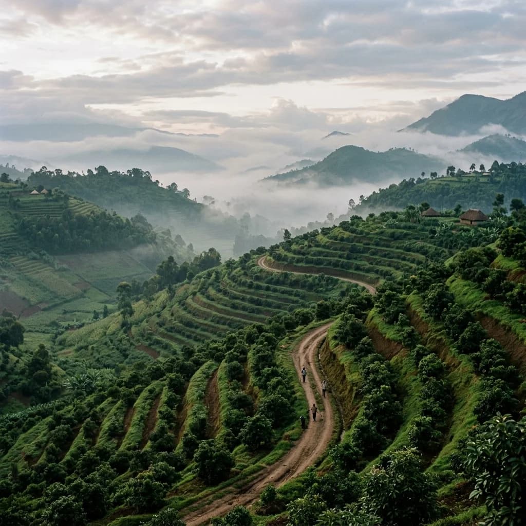 Misty terraced farmland where Nawa Fresh sources produce