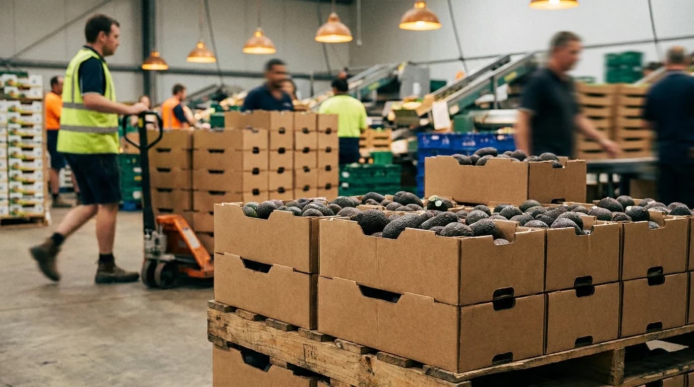 Export cartons of Hass avocados stacked on pallets in a packhouse