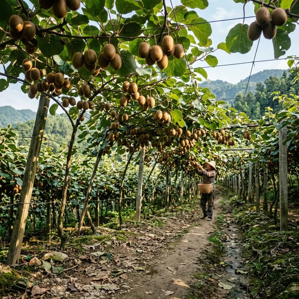Kiwifruit hanging from trellised vines in an orchard in China