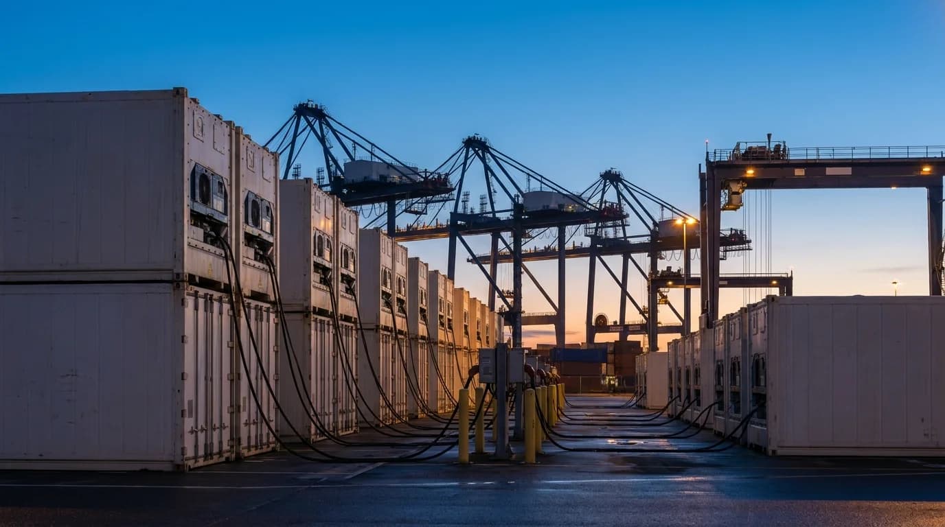 Refrigerated shipping containers at a port terminal at dusk