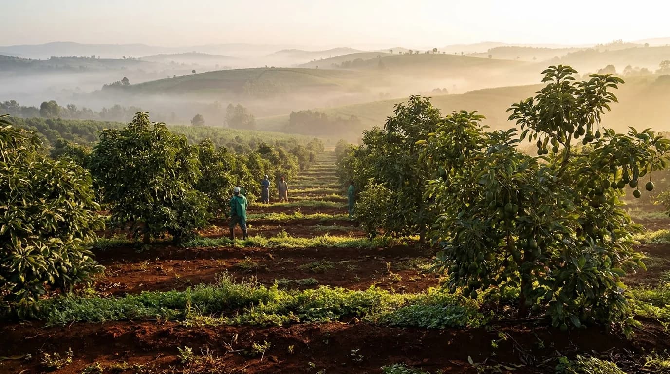 Avocado orchard on green highlands in Kenya at sunrise