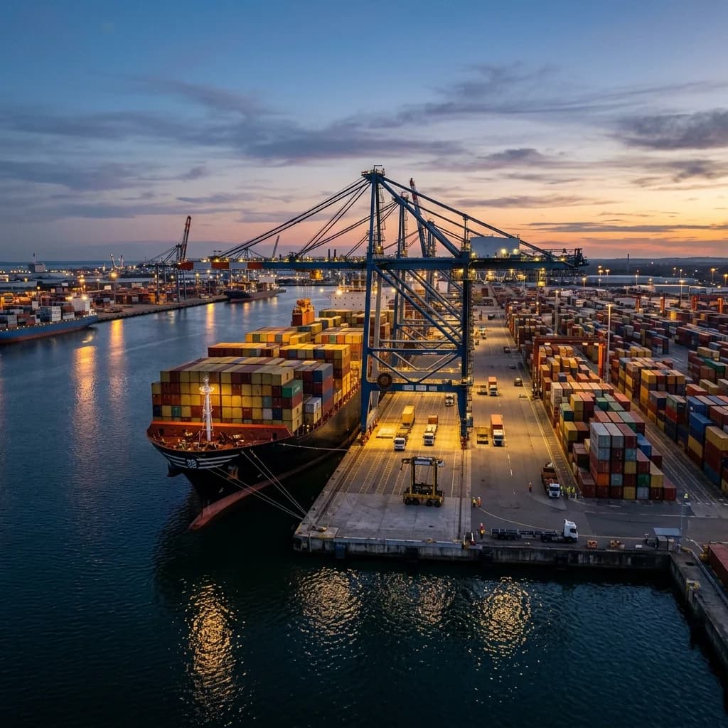 Container terminal at dusk with a vessel under a gantry crane
