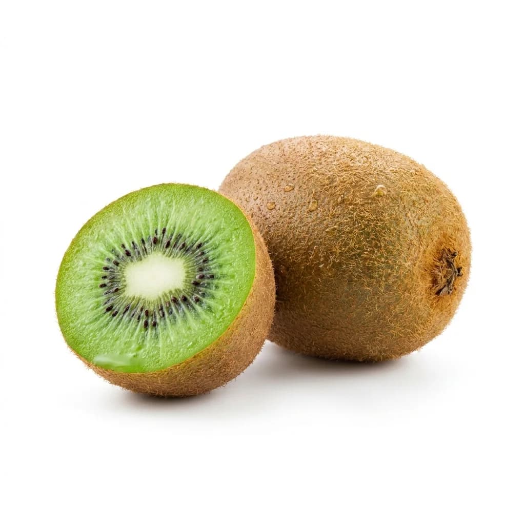 Fresh green kiwifruit, whole and halved, showing emerald flesh